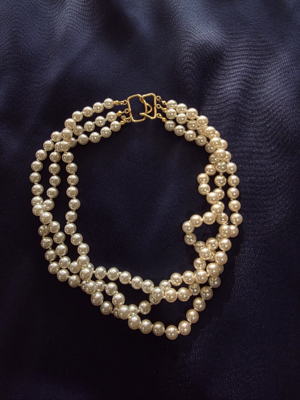 B.C. Lind Triple Strand Faux Pearl 14K GE Statement Necklace